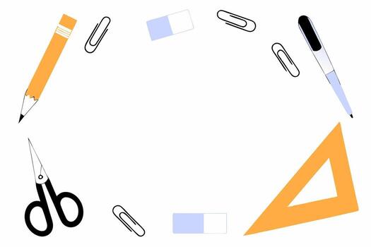 Assorted stationery objects arranged around a blank white background vector