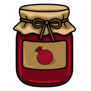 A illustration of a charming jar of pomegranate jam, featuring a hand drawn style with a kraft paper lid tied with a brown ribbon and a label depicting a single pomegranate. vector