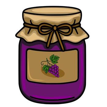 A charming illustration of a grape jam jar with a kraft paper lid tied with a brown ribbon, featuring a hand drawn style and a label depicting a bunch of grapes. vector