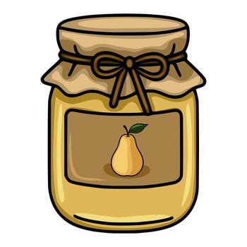 A charming illustration of a pear jam jar with a kraft paper lid tied with a brown ribbon, featuring a simple pear label design. vector