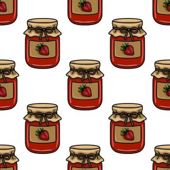 Strawberry jam jars pattern background vector