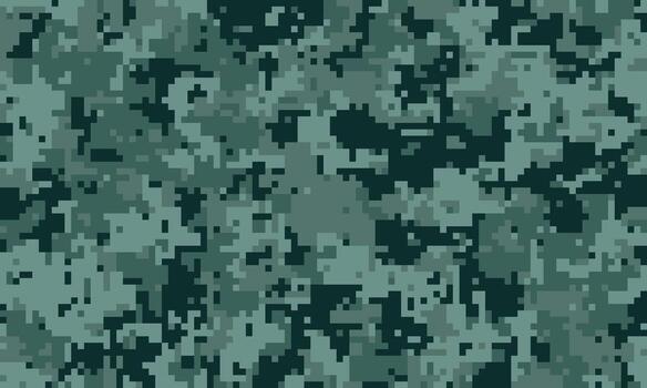 Abstract digital camouflage pattern. Seamless texture in dark teal and green shades. Ideal for military, gaming, fashion, or textile design backgrounds, creating a sense of mystery and concealment. vector