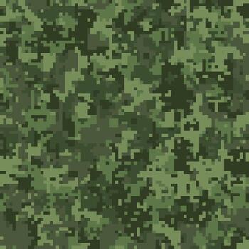 Abstract digital camouflage pattern. Seamless pixelated texture in shades of green. Ideal for backgrounds, textiles, militarythemed designs, and gaming projects. vector