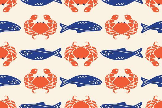 Mediterranean fish and crab. La dolce vita doodles seamless pattern. Doodles Sardines with Crustacean. Hand drawn Seafood for print, wall art, interior decor, menus, cafe, restaurant. vector