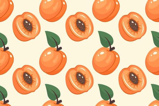 Fruits Seamless pattern. Apricot background. Fresh Apricot half with pit inside. Whole fruit with leaf. Repeatable texture with whole juicy vitamin. illustration for wallpaper, print, textile vector