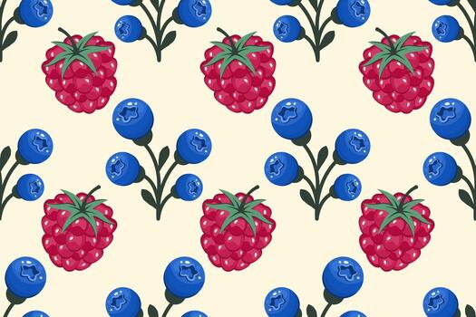 Fruits Seamless pattern. Berries background. Bunch of Blueberry, red currants, raspberry. Repeatable texture with fresh juicy vitamin. vector