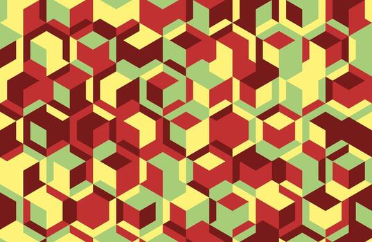 Abstract geometric seamless pattern. Vibrant red, green, and yellow cubes create a dynamic, 3D illusion. Ideal for backgrounds, textile designs, and modern branding. vector