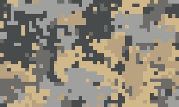 Abstract pixelated camouflage pattern in muted beige, gray, and black tones. Ideal for backgrounds, textiles, or militarythemed designs. vector