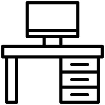 Simple line art of a desk with a computer screen, office workspace icon. vector