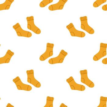 seamless pattern with cute pair of knitted socks. Print with cozy warm woolen socks in flat design. Seamless pattern with yellow socks on white background. vector