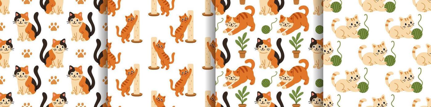 set of kitten seamless patterns. Charming cats for fabric, prints, children designs and pet inspired projects. Collection of cats seamless patterns. vector