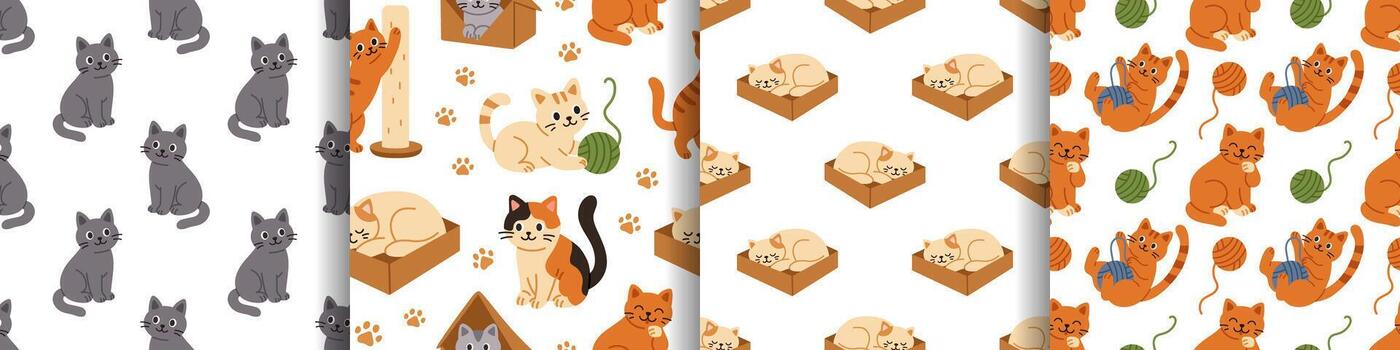 seamless patterns set with cute kittens in playful poses. Collection of cats prints. Perfect for fabric, wallpaper, wrapping paper. vector
