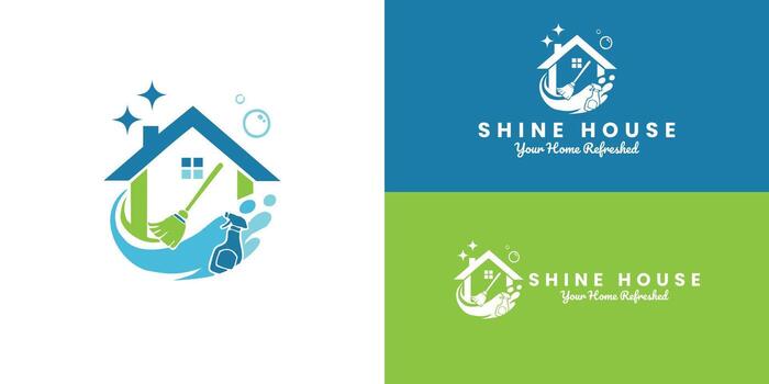 The logo features a modern house design, complemented by a broom and a spray bottle, set against dynamic waves and bubbles. This design symbolizes an efficient residential cleaning service. vector