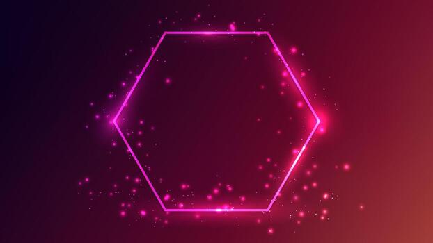 Neon hexagon frame with shining effects and sparkles on dark pink background. Empty glowing techno backdrop. illustration vector