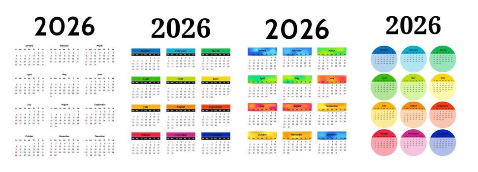 conjunto de cuatro vertical calendarios para 2026 aislado en un blanco antecedentes. domingo a lunes, negocio modelo. vector