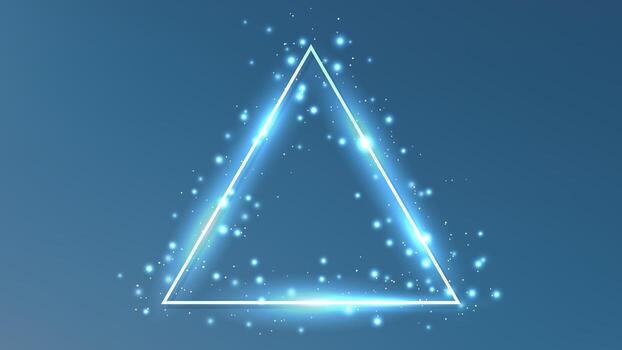 Neon triangle frame with shining effects and sparkles on blue background. Empty glowing techno backdrop. illustration vector