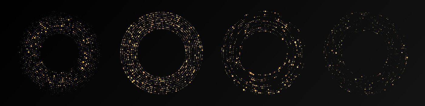Abstract modern gold glowing halftone dotted background. Set of four gold glitter patterns in circle form. Circle halftone dots. illustration vector