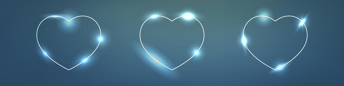 Set of three neon frames in heart form with shining effects on dark background. Empty glowing techno backdrop. illustration vector