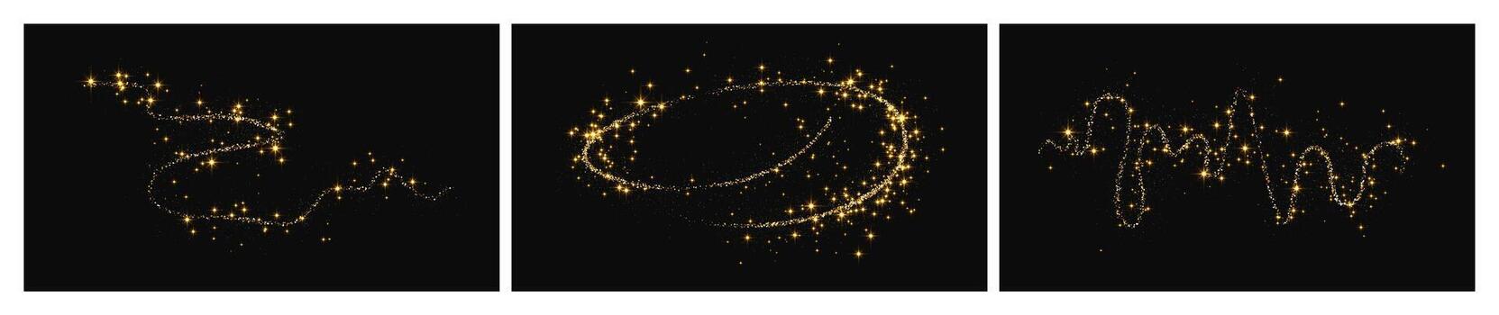 Gold glittering confetti wave and stardust. Set of three modern backdrops with golden magical sparkles on dark background. vector