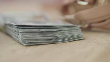 billetes pulcramente apilado en un de madera mesa video