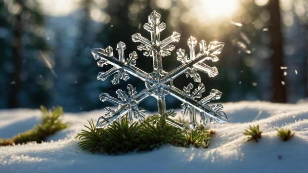 Crystal snowflake resting on soft snow surrounded by green pine needles, with sunlight filtering through trees photo