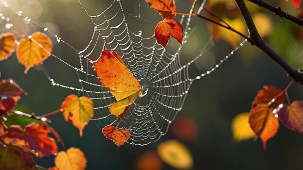 A close-up of a spider web adorned with autumn leaves and dew drops, set against a blurred forest background photo