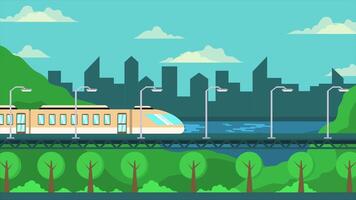 animerad landskap bakgrund med tåg rör på sig med en skyskrapa bygga rörelse grafisk natur landskap lugna scen för sammansättning byggnader scen video