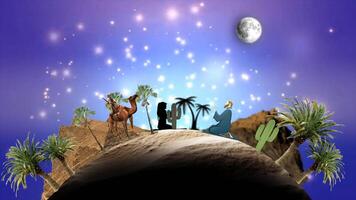 ramadan intro öppnare, islamic intro öppnare animation, öken- resa animering med kamel och måne under starry himmel för resa och turism tema video