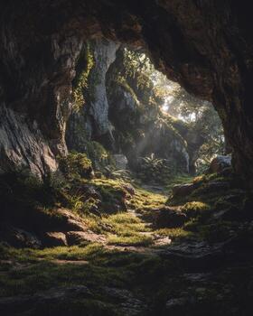 Mysterious hidden forest cave draped in ivy and moss with gentle sunlight rays shining through narrow openings creating magical glow photo