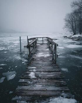 Snow covered empty lake dock extending over frozen water surface with detailed ice patterns and cloudy winter atmosphere in desolate setting photo