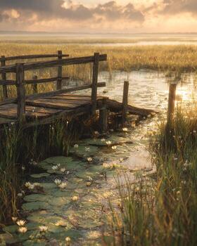 Sunset scene of an old dock in peaceful marsh surrounded by tall grass and floating lily pads glowing under soft light in painterly style photo