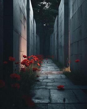 Peaceful path through military memorial park lined with granite monuments and red poppies illuminated by soft fading dusk light photo
