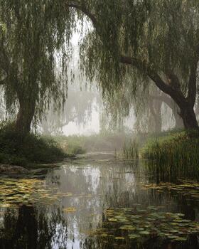 Serene pond bordered by lush green willow trees with reflections on the water and soft breeze rustling the branches in quiet solitude photo
