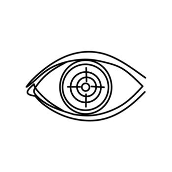 Minimalist line art of an eye with a target in the pupil. Symbolizing focus, vision, precision, surveillance, targeting, accuracy, and visual identity. vector