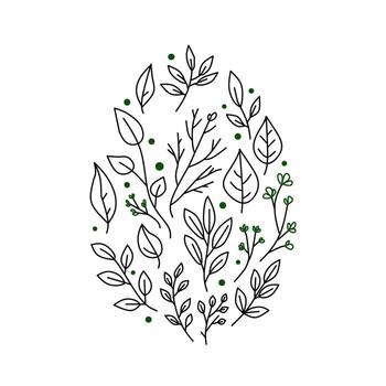Hand-drawn botanical illustration featuring various leaves and branches in a minimalist style, arranged in an oval shape with green accent dots. vector