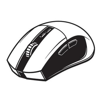 Clean black and white illustration of a modern wireless computer mouse designed for use with laptops or desktops. vector