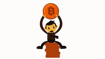 animato apparire di un' uomo d'affari seduta su oro monete mentre sollevamento un' grande bitcoin. Perfetto per criptovaluta, blockchain, fintech, e investimento progetti. video