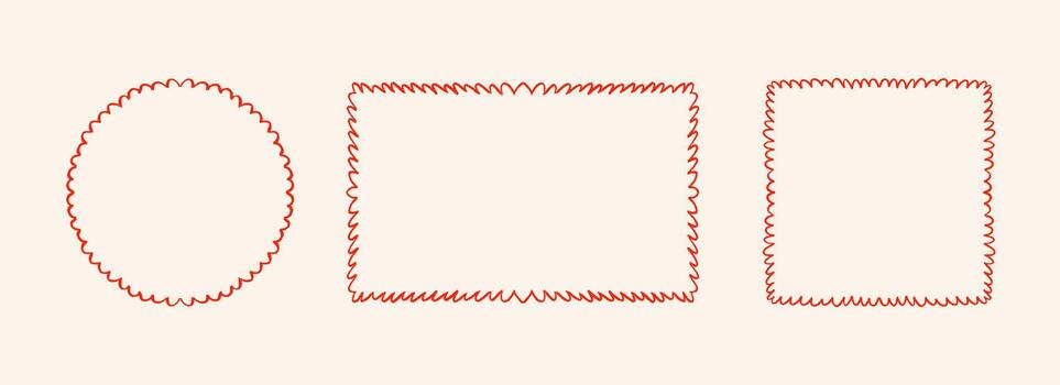 Red hand drawn scalloped frame set. Wavy edge border collection. Circle, rectangle and square doodled scallop box bundle for invitation template, poster, banner. Squiggle edges sketch cadre. vector