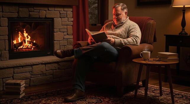 Senior Man Relaxing by Warm Fireplace, Enjoying a Good Book in Cozy Armchai photo