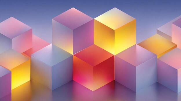 Colored cubes with gradient lighting form an abstract composition against a blue gradient background. photo