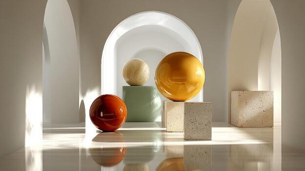 Modern composition with bright balls and cubes on the background of light interior with arches. photo