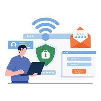 a man using laptop for secure login with verification, password, and authentication shield. vector