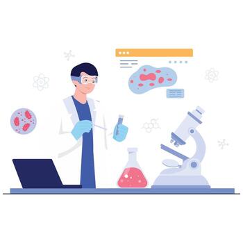 A medical researcher works with test tubes and flasks in a laboratory while studying microorganisms under a microscope. vector