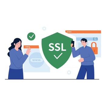 SSL certificate protection with people securing websites using encryption. vector