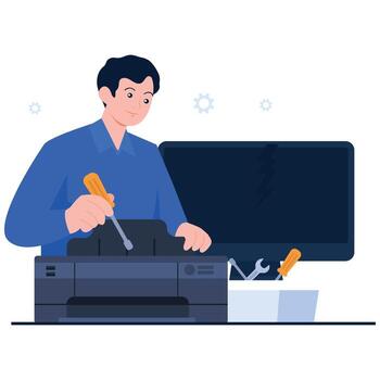 Technician repairing printer with tools in front of a computer screen. vector