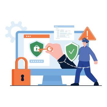 computer security with lock, shield, and warning sign. vector