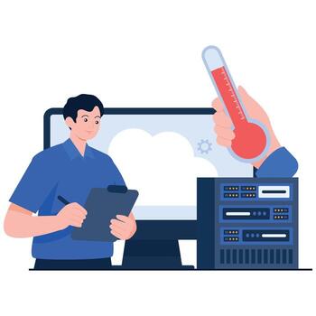 IT administrator checking server temperature with clipboard and thermometer near server racks. vector
