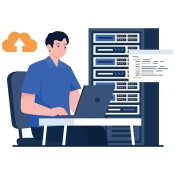 A man sitting at a desk with a laptop working on server racks with upload symbol and code. vector