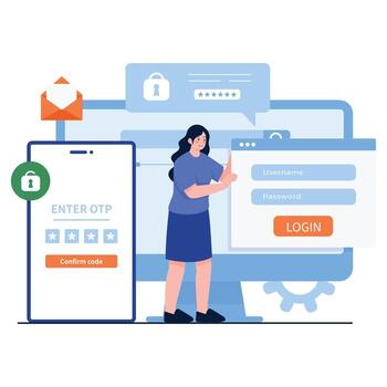 a woman entering OTP and password for secure login. vector