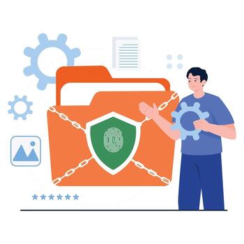 un hombre asegurando datos carpeta con proteger, huella dactilar, y cadena vector